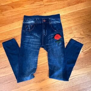 Embroidered Rose Denim Leggings